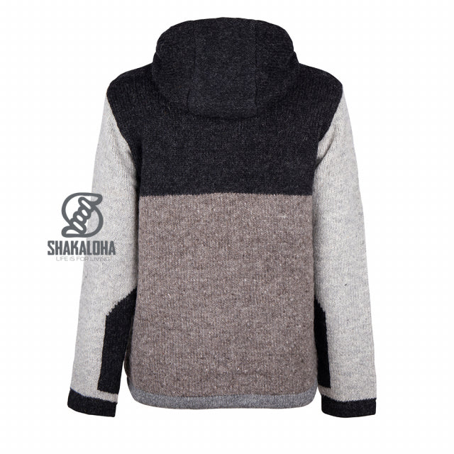 Grijs/bruin/zwart wollen herenjack met afneembare capuchon