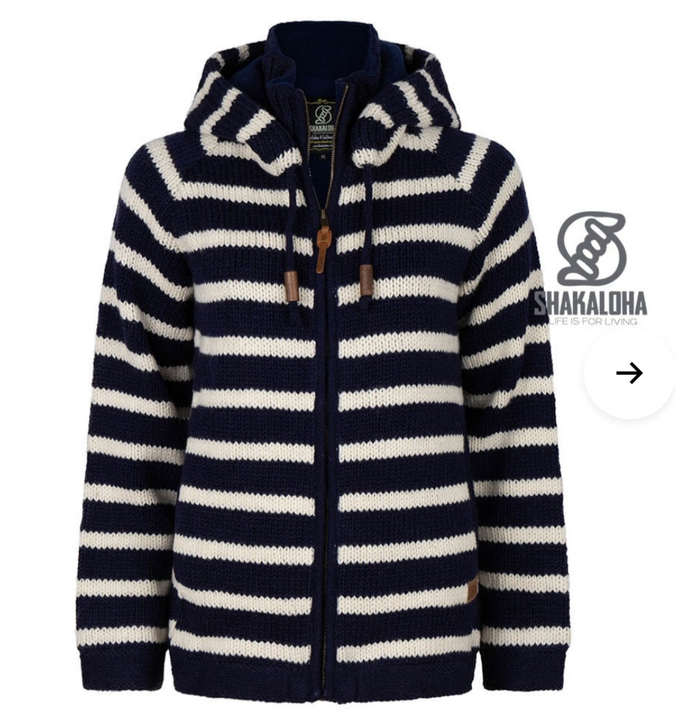 Woollen Cardigan with Navy Blue & White Horizontal Stripes