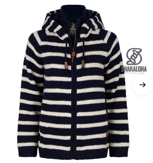 Woollen Cardigan with Navy Blue & White Horizontal Stripes