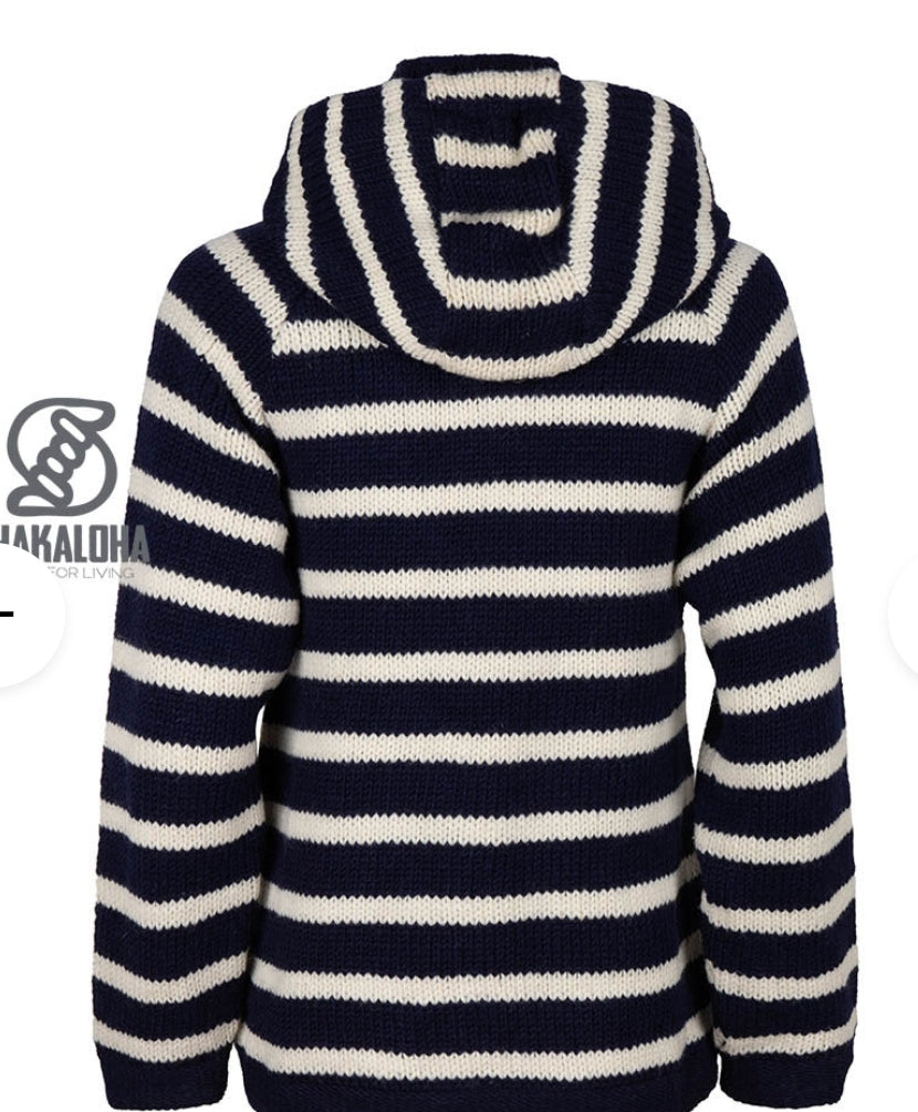 Woollen Cardigan with Navy Blue & White Horizontal Stripes
