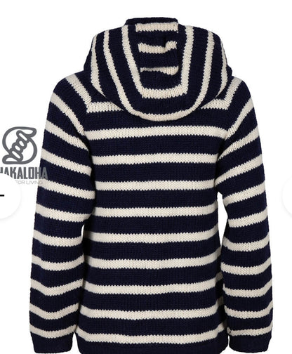 Woollen Cardigan with Navy Blue & White Horizontal Stripes