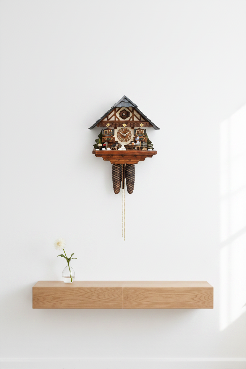 Cuckoo clock dominating the frame above a small hallway table