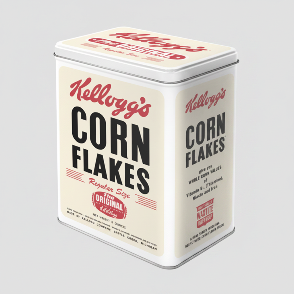 Kellogg's Corn Flakes retro storage tin - studio grey background 3/4 angle
