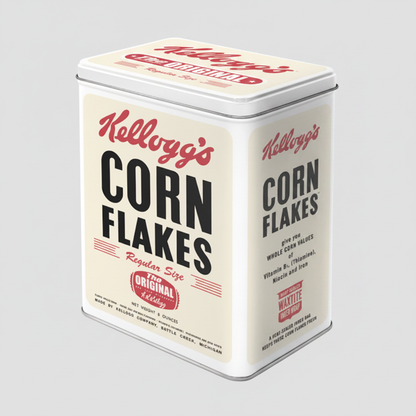 Kellogg's Corn Flakes retro storage tin - studio grey background 3/4 angle