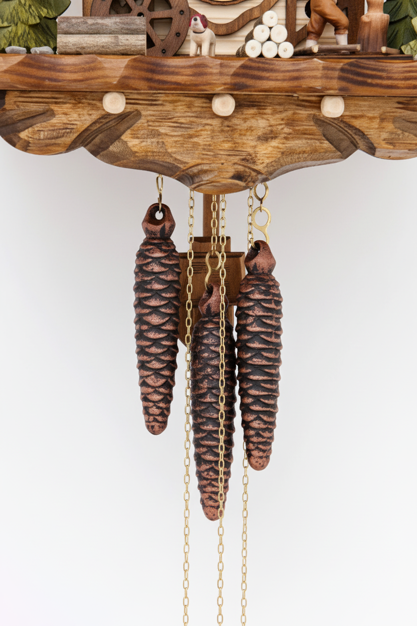 Black Forest Cuckoo Clock - Pinecone Weights Close-up