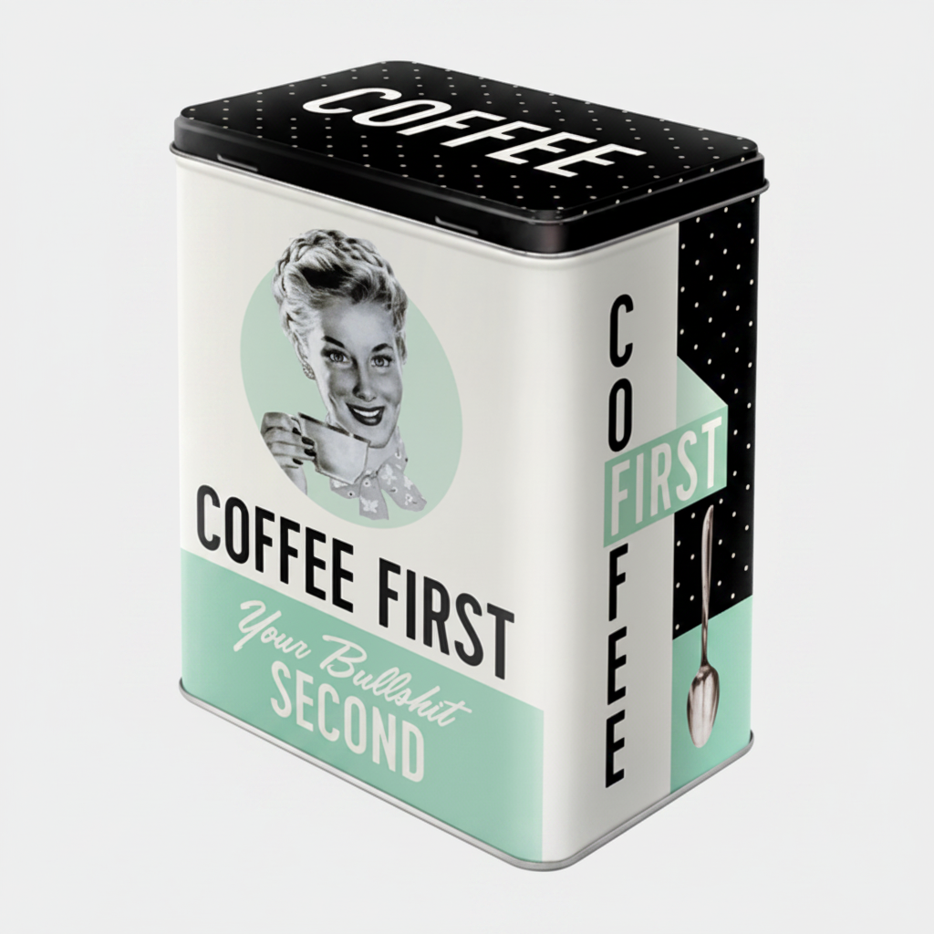 Coffee First retro storage tin - studio grey background 3/4 angle