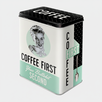 Coffee First retro storage tin - studio grey background 3/4 angle