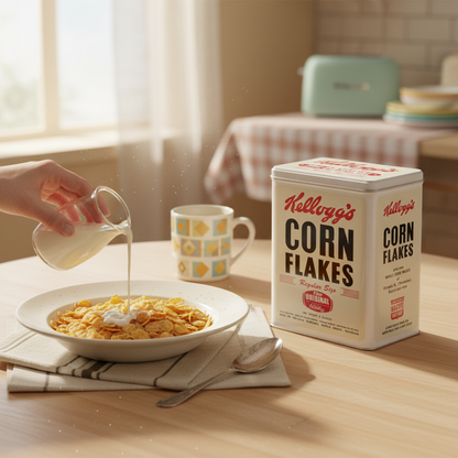 Kellogg's Corn Flakes retro storage tin - breakfast table lifestyle