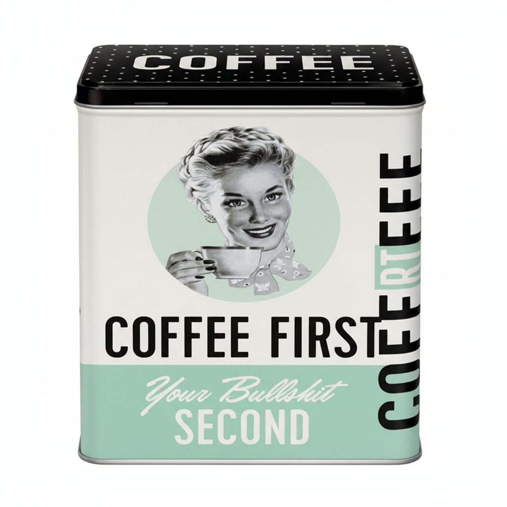 Coffee First retro storage tin - studio white background