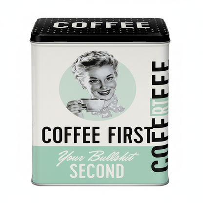 Coffee First retro storage tin - studio white background