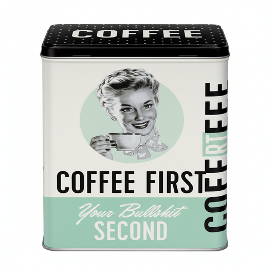 Coffee First retro storage tin - studio white background